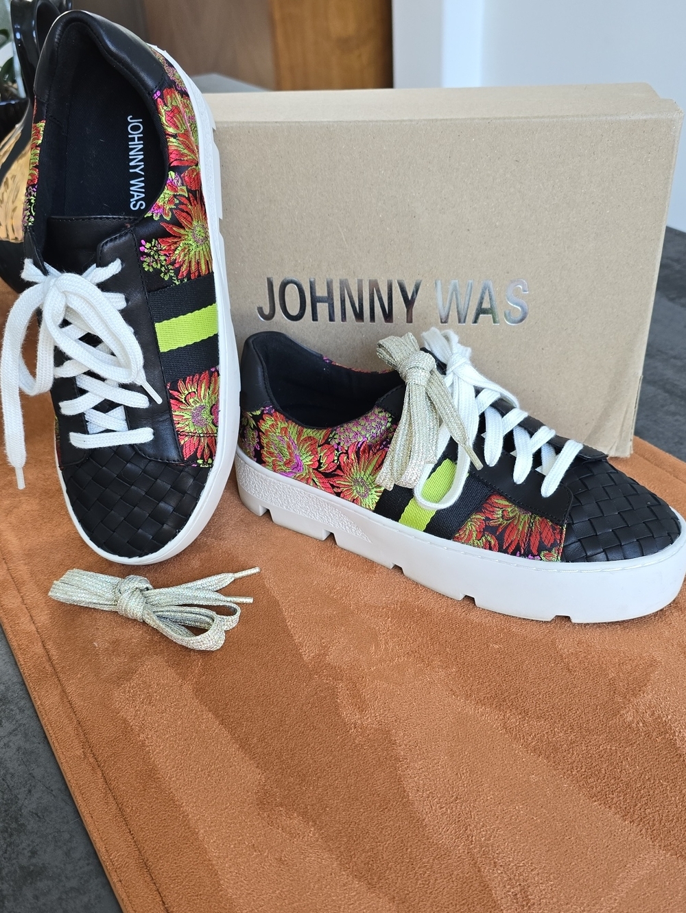 Johnny Was Black Floral Lace-Up Sneakers with Neon Yellow-Green Stripe
